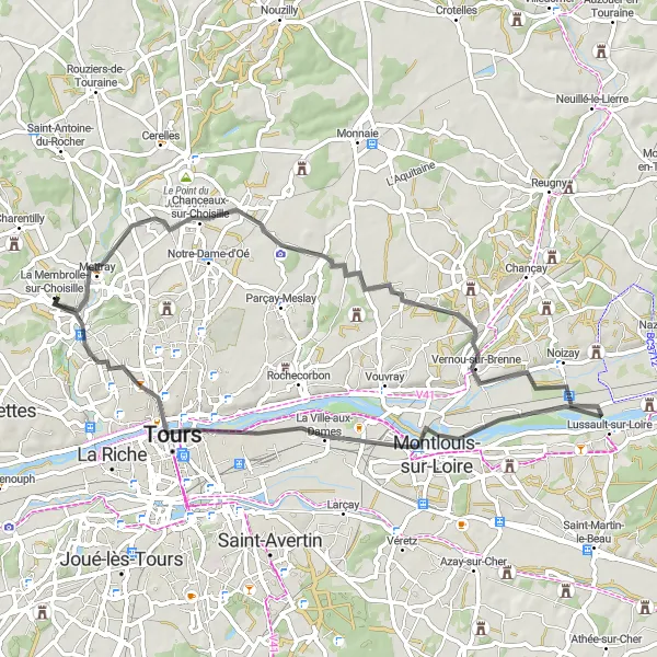 Map miniature of "Loop from Mettray: Chanceaux-sur-Choisille to L'Aubrière" cycling inspiration in Centre — Val de Loire, France. Generated by Tarmacs.app cycling route planner