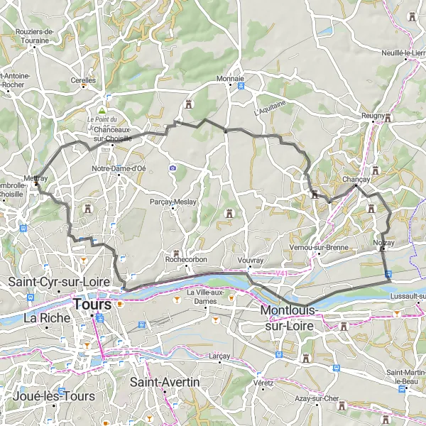 Map miniature of "Valleys and Villages" cycling inspiration in Centre — Val de Loire, France. Generated by Tarmacs.app cycling route planner