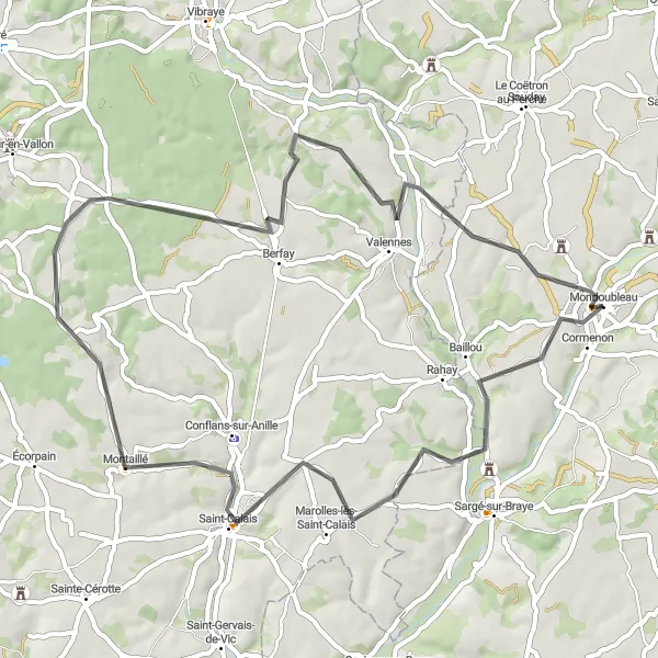 Map miniature of "Mondoubleau Loop" cycling inspiration in Centre — Val de Loire, France. Generated by Tarmacs.app cycling route planner