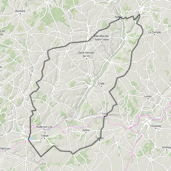 Map miniature of "The Valleys Discovery" cycling inspiration in Centre — Val de Loire, France. Generated by Tarmacs.app cycling route planner