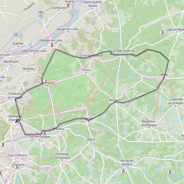 Map miniature of "Sologne Loop" cycling inspiration in Centre — Val de Loire, France. Generated by Tarmacs.app cycling route planner