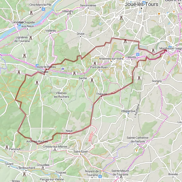 Map miniature of "Gravel Route from Montbazon to Thilouze" cycling inspiration in Centre — Val de Loire, France. Generated by Tarmacs.app cycling route planner