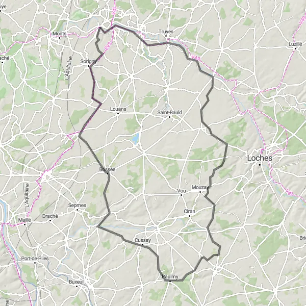 Map miniature of "From Cormery to Bossée" cycling inspiration in Centre — Val de Loire, France. Generated by Tarmacs.app cycling route planner