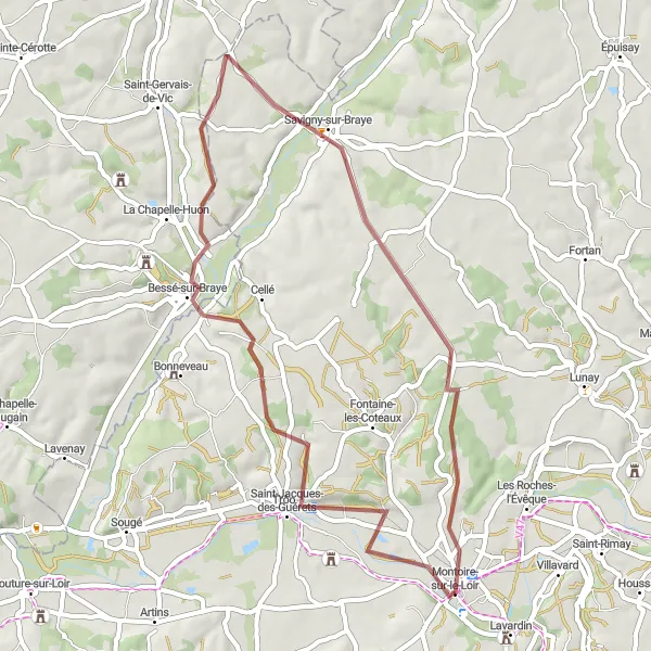 Map miniature of "Montoire-sur-le-Loir and the Butte de Trôo Gravel Route" cycling inspiration in Centre — Val de Loire, France. Generated by Tarmacs.app cycling route planner