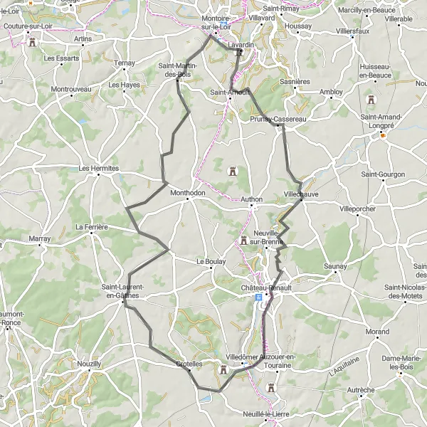 Map miniature of "Scenic Road Cycling Route to Villedômer" cycling inspiration in Centre — Val de Loire, France. Generated by Tarmacs.app cycling route planner