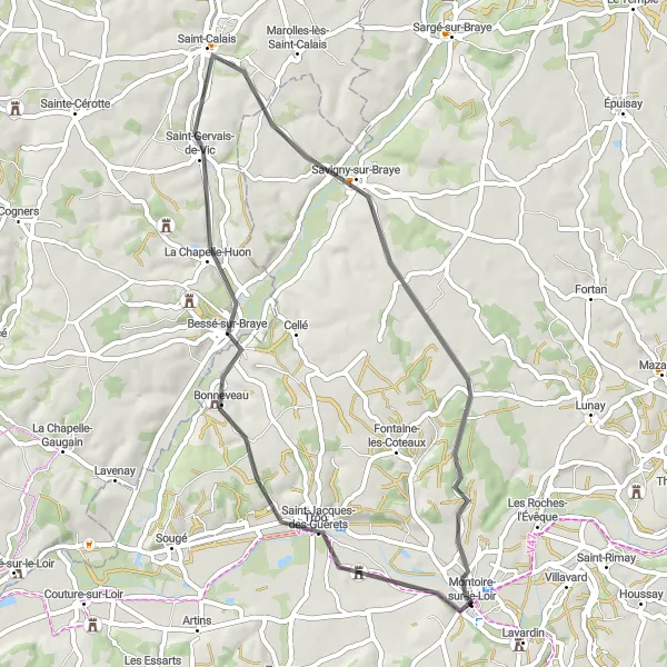 Map miniature of "Montoire-sur-le-Loir and the Butte de Trôo Road Cycling Route" cycling inspiration in Centre — Val de Loire, France. Generated by Tarmacs.app cycling route planner