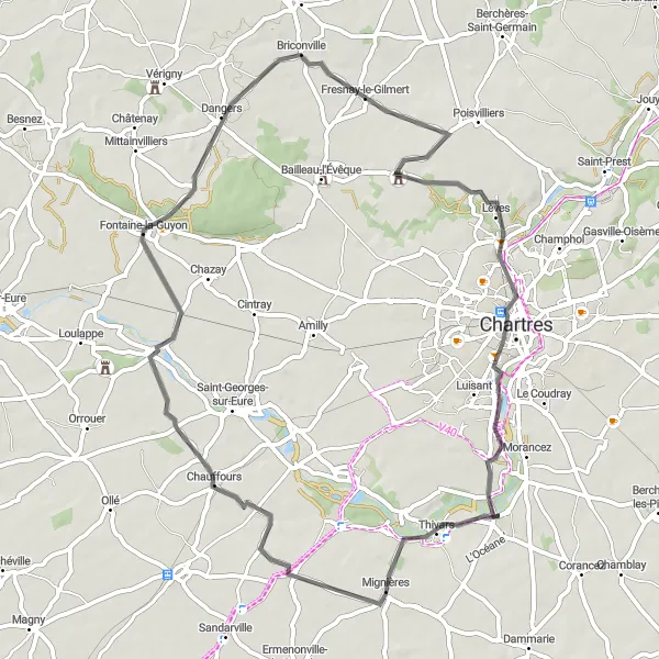 Miniature de la carte de l'inspiration cycliste "Balade cycliste pittoresque près de Morancez" dans la Centre — Val de Loire, France. Générée par le planificateur d'itinéraire cycliste Tarmacs.app