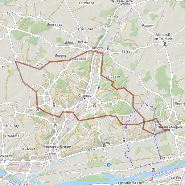 Miniature de la carte de l'inspiration cycliste "Tour des Châteaux en Gravel" dans la Centre — Val de Loire, France. Générée par le planificateur d'itinéraire cycliste Tarmacs.app