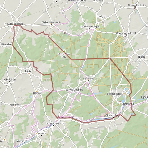 Map miniature of "Gravel Adventure from Neuville-aux-Bois" cycling inspiration in Centre — Val de Loire, France. Generated by Tarmacs.app cycling route planner