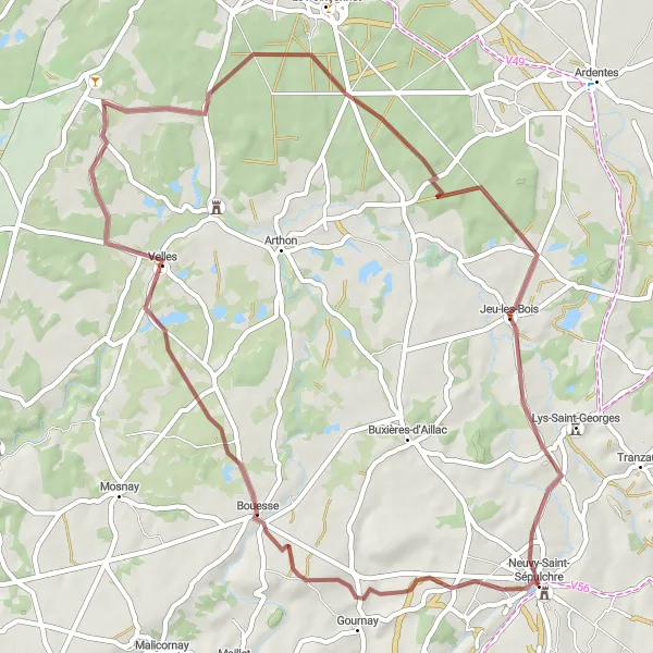 Map miniature of "Gravel route 2 near Neuvy-Saint-Sépulchre" cycling inspiration in Centre — Val de Loire, France. Generated by Tarmacs.app cycling route planner