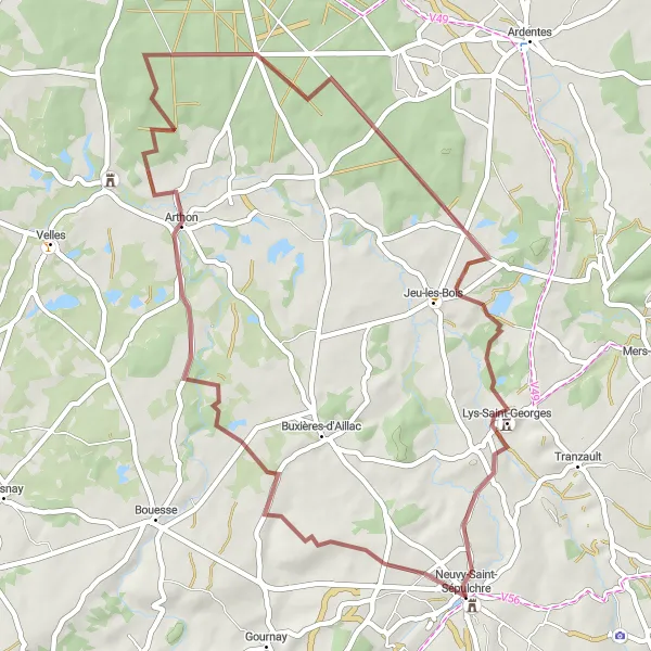 Map miniature of "Gravel route 3 near Neuvy-Saint-Sépulchre" cycling inspiration in Centre — Val de Loire, France. Generated by Tarmacs.app cycling route planner