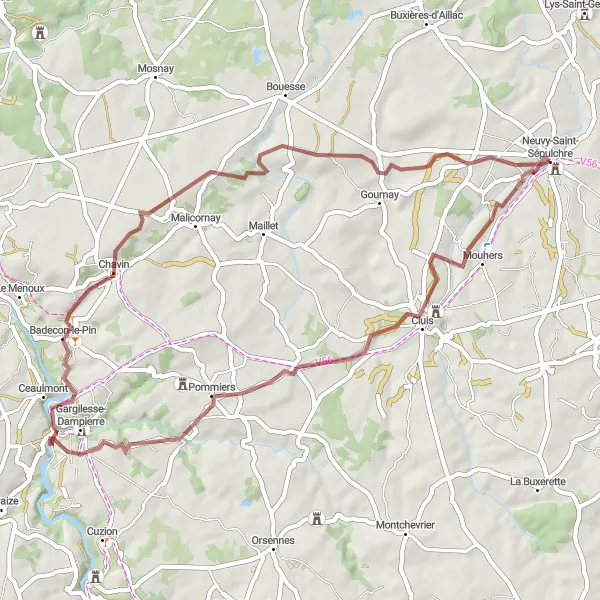 Map miniature of "Gravel route 1 near Neuvy-Saint-Sépulchre" cycling inspiration in Centre — Val de Loire, France. Generated by Tarmacs.app cycling route planner