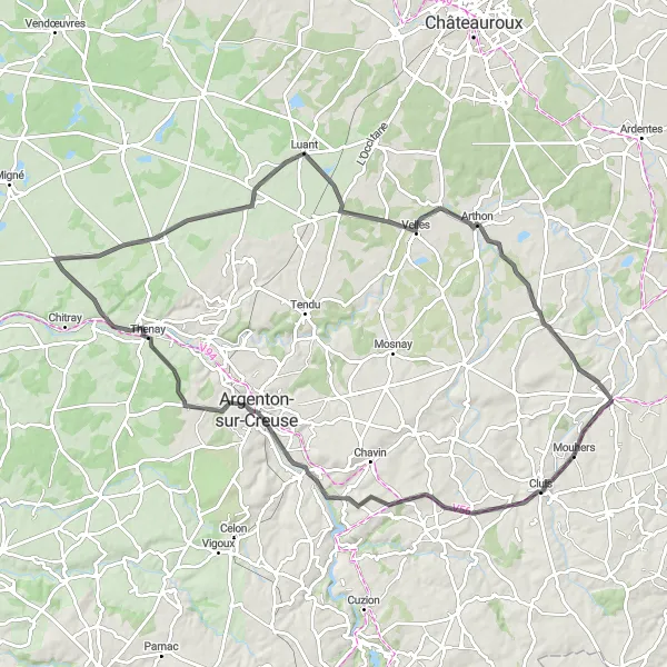 Map miniature of "Road route 1 near Neuvy-Saint-Sépulchre" cycling inspiration in Centre — Val de Loire, France. Generated by Tarmacs.app cycling route planner