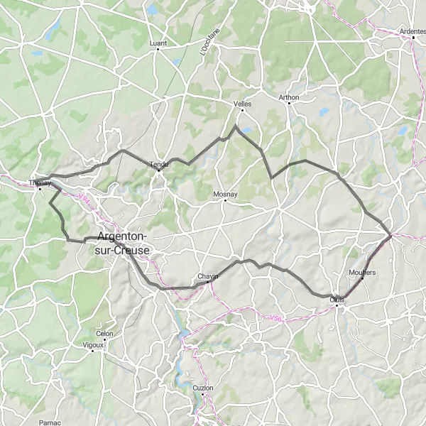 Map miniature of "Picturesque Road Adventure from Neuvy-Saint-Sépulchre" cycling inspiration in Centre — Val de Loire, France. Generated by Tarmacs.app cycling route planner