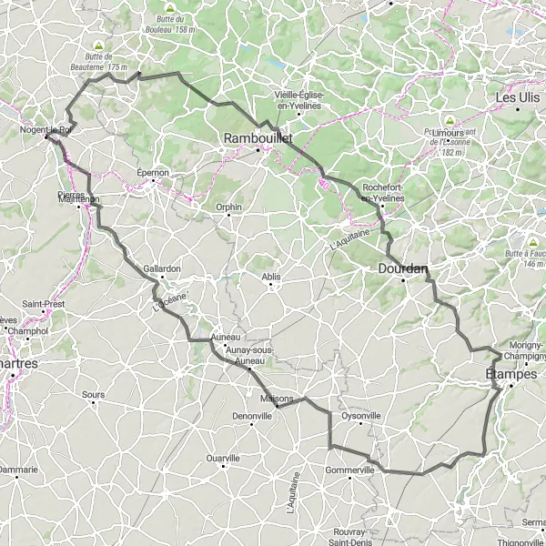 Miniature de la carte de l'inspiration cycliste "Aventure à Dourdan et Gallardon" dans la Centre — Val de Loire, France. Générée par le planificateur d'itinéraire cycliste Tarmacs.app