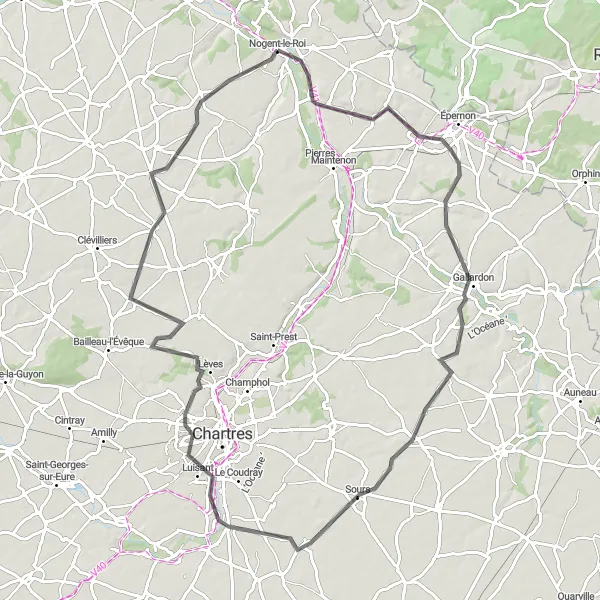 Miniature de la carte de l'inspiration cycliste "Countryside Escape: Nigelles to Nogent-le-Roi" dans la Centre — Val de Loire, France. Générée par le planificateur d'itinéraire cycliste Tarmacs.app
