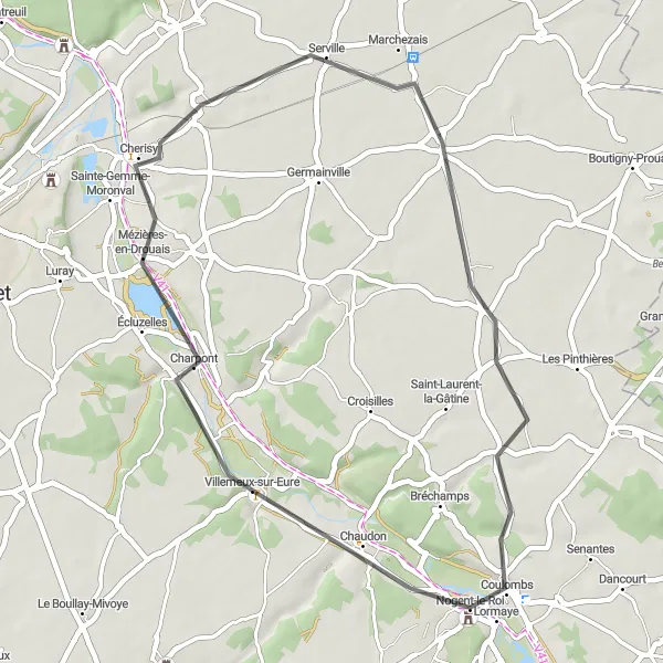 Miniature de la carte de l'inspiration cycliste "Villemeux-sur-Eure à Nogent-le-Roi en Road" dans la Centre — Val de Loire, France. Générée par le planificateur d'itinéraire cycliste Tarmacs.app