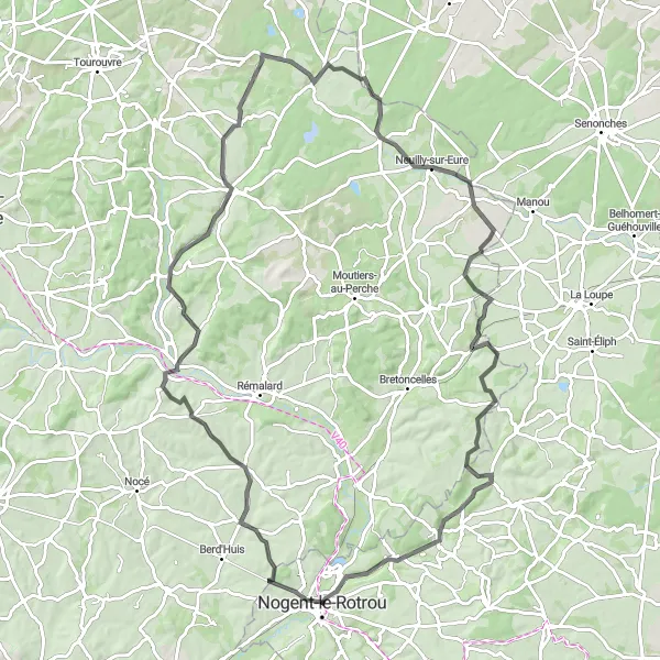 Map miniature of "Nogent-le-Rotrou to Verrières and back" cycling inspiration in Centre — Val de Loire, France. Generated by Tarmacs.app cycling route planner