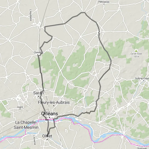 Miniature de la carte de l'inspiration cycliste "Escapade campagnarde vers Combleux" dans la Centre — Val de Loire, France. Générée par le planificateur d'itinéraire cycliste Tarmacs.app