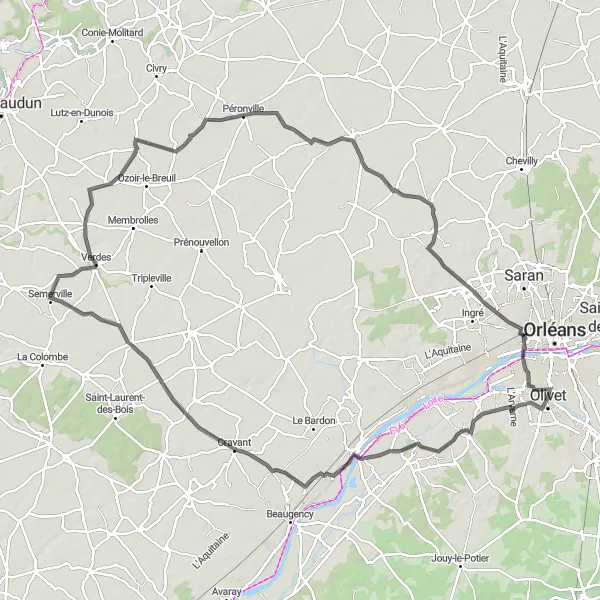 Miniature de la carte de l'inspiration cycliste "Itinéraire bucolique vers Patay" dans la Centre — Val de Loire, France. Générée par le planificateur d'itinéraire cycliste Tarmacs.app