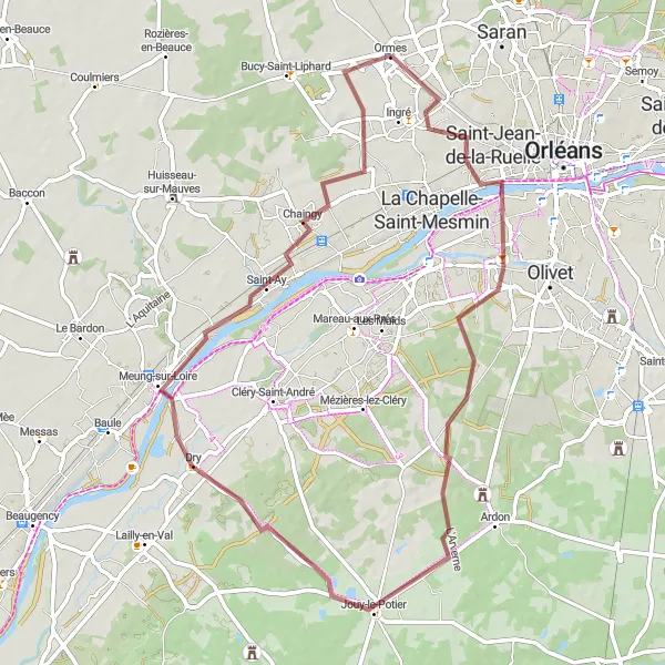 Miniature de la carte de l'inspiration cycliste "Boucle de Meung-sur-Loire" dans la Centre — Val de Loire, France. Générée par le planificateur d'itinéraire cycliste Tarmacs.app