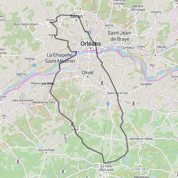 Miniature de la carte de l'inspiration cycliste "Balade à vélo pittoresque près d'Ormes" dans la Centre — Val de Loire, France. Générée par le planificateur d'itinéraire cycliste Tarmacs.app