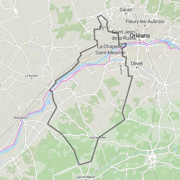 Miniature de la carte de l'inspiration cycliste "Itinéraire à vélo entre Ormes et Ingré" dans la Centre — Val de Loire, France. Générée par le planificateur d'itinéraire cycliste Tarmacs.app