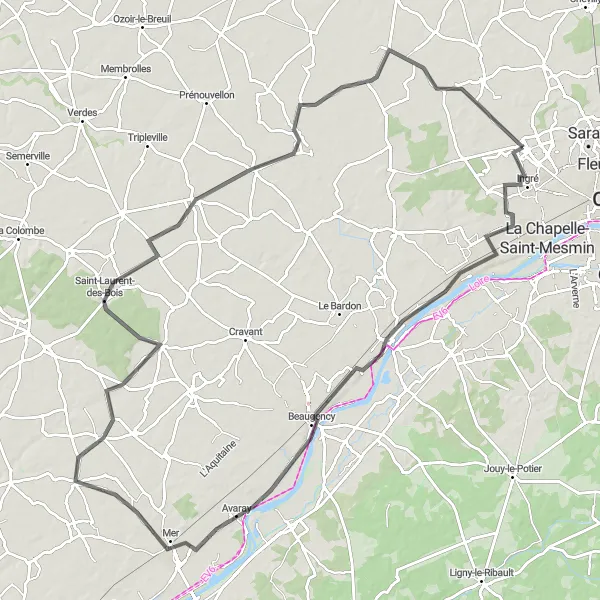 Miniature de la carte de l'inspiration cycliste "Parcours de cyclisme routier autour d'Ormes" dans la Centre — Val de Loire, France. Générée par le planificateur d'itinéraire cycliste Tarmacs.app