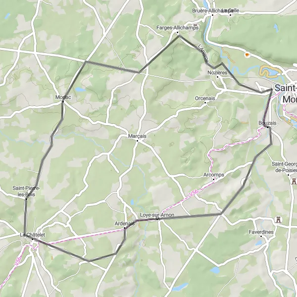 Miniature de la carte de l'inspiration cycliste "Parcours à vélo de route de Loye-sur-Arnon à Morlac" dans la Centre — Val de Loire, France. Générée par le planificateur d'itinéraire cycliste Tarmacs.app
