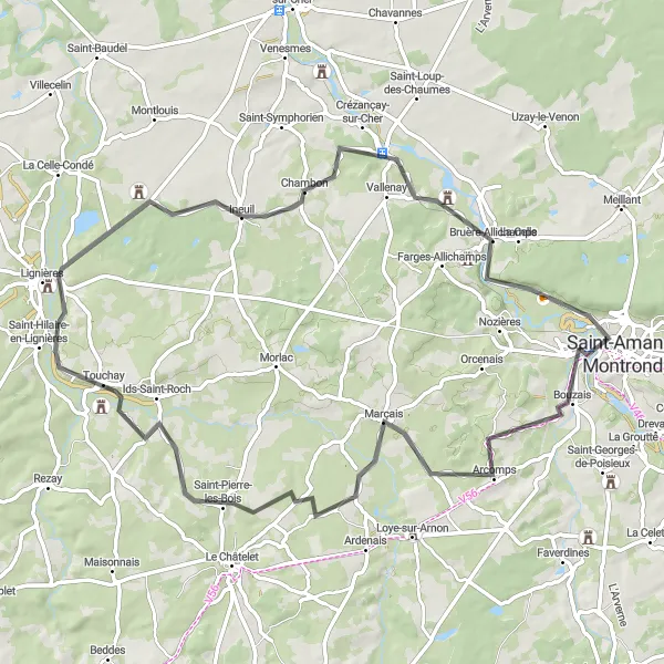 Miniature de la carte de l'inspiration cycliste "Boucle à vélo de route d'Orval à Orval" dans la Centre — Val de Loire, France. Générée par le planificateur d'itinéraire cycliste Tarmacs.app