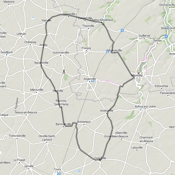 Map miniature of "Road to Intréville" cycling inspiration in Centre — Val de Loire, France. Generated by Tarmacs.app cycling route planner