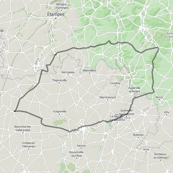 Map miniature of "Explore the Essonne Valley on a Challenging Road Cycling Route" cycling inspiration in Centre — Val de Loire, France. Generated by Tarmacs.app cycling route planner