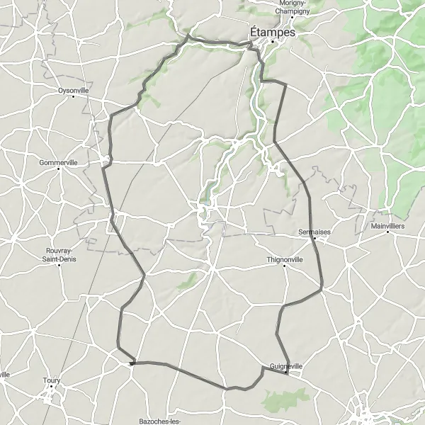 Miniature de la carte de l'inspiration cycliste "Escapade en Beauce" dans la Centre — Val de Loire, France. Générée par le planificateur d'itinéraire cycliste Tarmacs.app