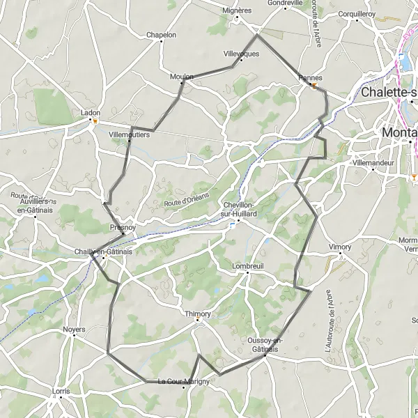 Miniature de la carte de l'inspiration cycliste "Boucle Oussoy-en-Gâtinais — Pannes" dans la Centre — Val de Loire, France. Générée par le planificateur d'itinéraire cycliste Tarmacs.app