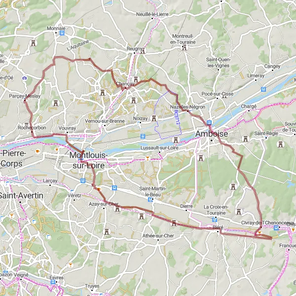 Map miniature of "Châteaux and Vineyards Gravel Route" cycling inspiration in Centre — Val de Loire, France. Generated by Tarmacs.app cycling route planner