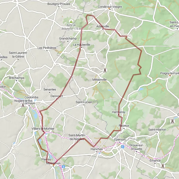Miniature de la carte de l'inspiration cycliste "Aventure gravel de 50 km autour de Pierres" dans la Centre — Val de Loire, France. Générée par le planificateur d'itinéraire cycliste Tarmacs.app
