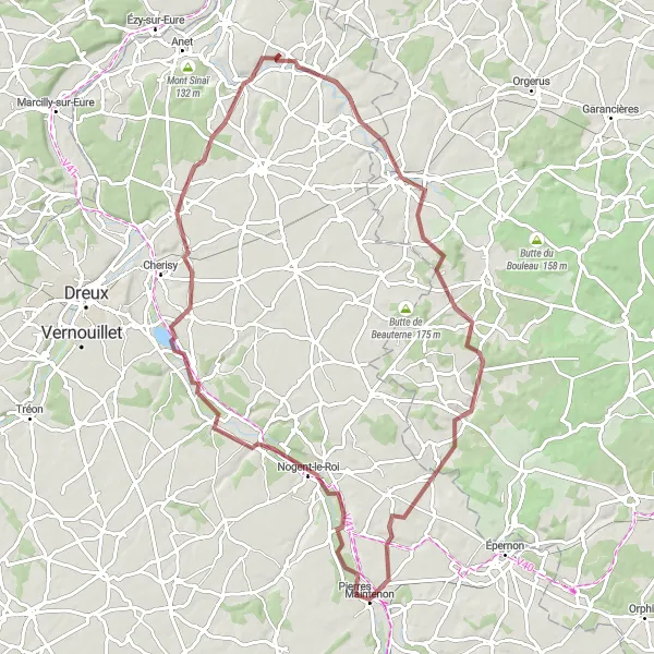 Miniature de la carte de l'inspiration cycliste "Parcours de Gravel de Villemeux-sur-Eure" dans la Centre — Val de Loire, France. Générée par le planificateur d'itinéraire cycliste Tarmacs.app