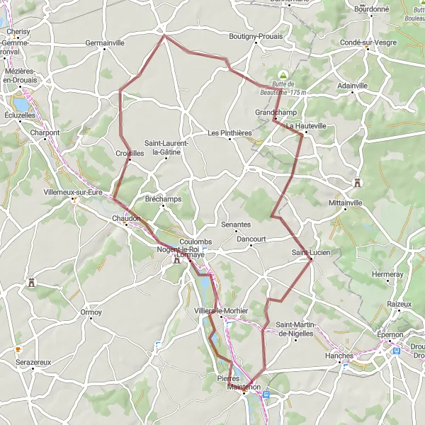 Miniature de la carte de l'inspiration cycliste "Les Collines de Maintenon" dans la Centre — Val de Loire, France. Générée par le planificateur d'itinéraire cycliste Tarmacs.app