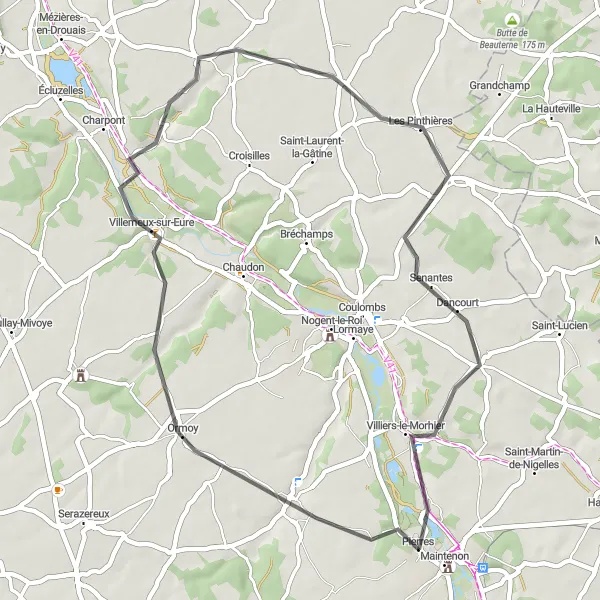 Miniature de la carte de l'inspiration cycliste "Balade panoramique de 45 km près de Pierres" dans la Centre — Val de Loire, France. Générée par le planificateur d'itinéraire cycliste Tarmacs.app