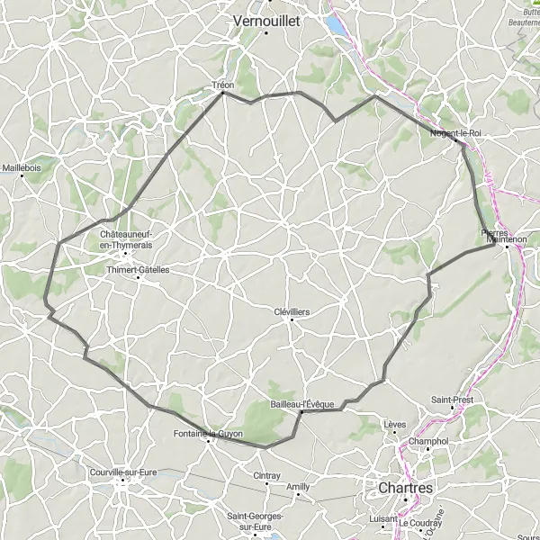 Miniature de la carte de l'inspiration cycliste "Randonnée épique de 87 km à travers la région Centre-Val de Loire" dans la Centre — Val de Loire, France. Générée par le planificateur d'itinéraire cycliste Tarmacs.app