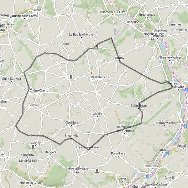 Miniature de la carte de l'inspiration cycliste "Parcours routier de 62 km autour de Pierres" dans la Centre — Val de Loire, France. Générée par le planificateur d'itinéraire cycliste Tarmacs.app