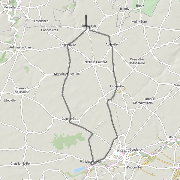 Map miniature of "The Beauce Plateau Loop" cycling inspiration in Centre — Val de Loire, France. Generated by Tarmacs.app cycling route planner