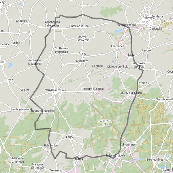 Map miniature of "Bouzonville Loop" cycling inspiration in Centre — Val de Loire, France. Generated by Tarmacs.app cycling route planner