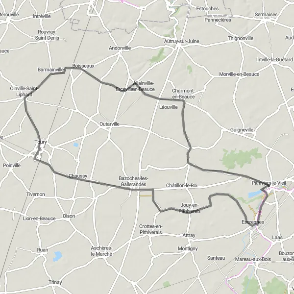 Map miniature of "Escrennes Excursion" cycling inspiration in Centre — Val de Loire, France. Generated by Tarmacs.app cycling route planner