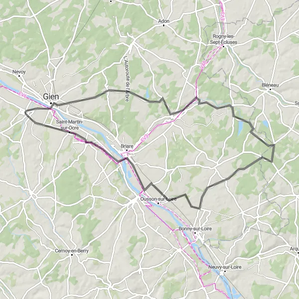 Miniature de la carte de l'inspiration cycliste "Boucle de Briare" dans la Centre — Val de Loire, France. Générée par le planificateur d'itinéraire cycliste Tarmacs.app