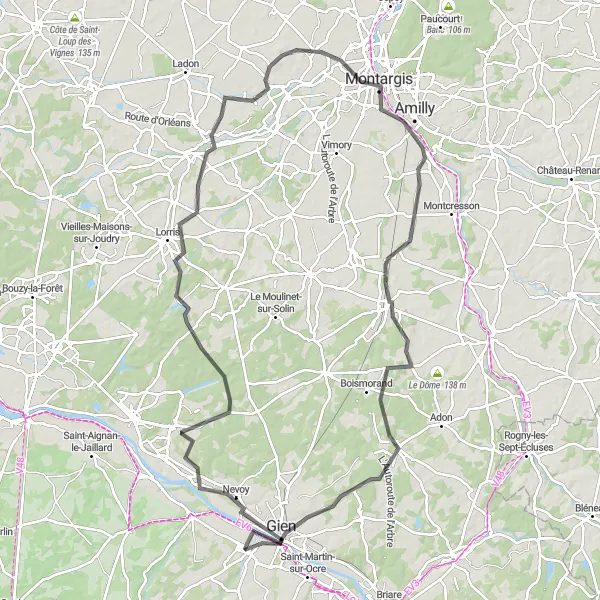 Map miniature of "Gien and Beyond" cycling inspiration in Centre — Val de Loire, France. Generated by Tarmacs.app cycling route planner
