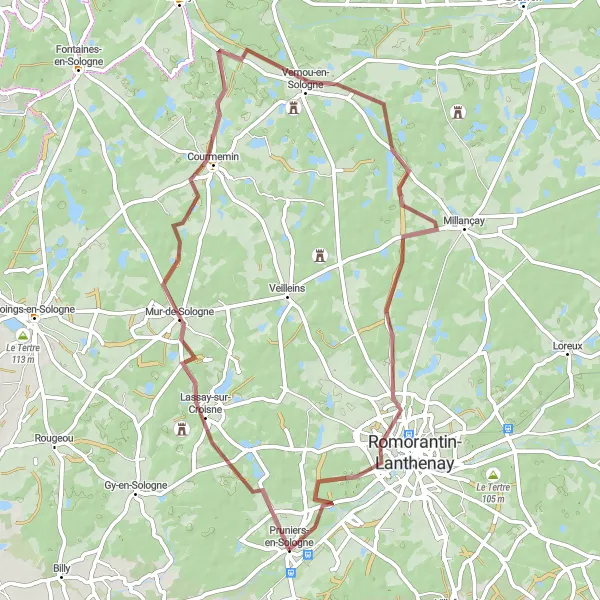 Map miniature of "Off-road Adventure in Sologne" cycling inspiration in Centre — Val de Loire, France. Generated by Tarmacs.app cycling route planner