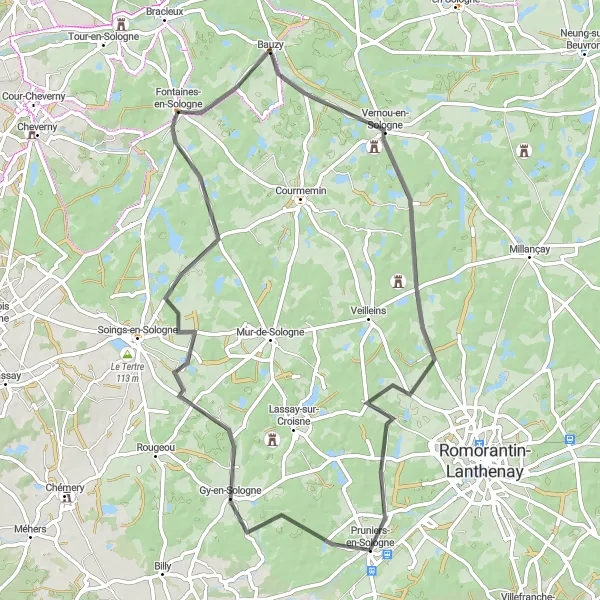 Miniature de la carte de l'inspiration cycliste "Boucle de Gy-en-Sologne" dans la Centre — Val de Loire, France. Générée par le planificateur d'itinéraire cycliste Tarmacs.app