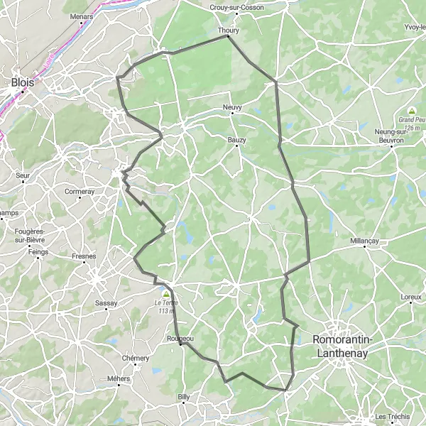 Miniature de la carte de l'inspiration cycliste "Parcours des Châteaux de la Loire" dans la Centre — Val de Loire, France. Générée par le planificateur d'itinéraire cycliste Tarmacs.app