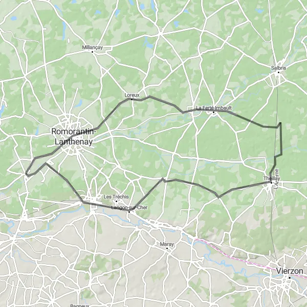 Map miniature of "Romorantin-Lanthenay and Villefranche-sur-Cher Loop" cycling inspiration in Centre — Val de Loire, France. Generated by Tarmacs.app cycling route planner